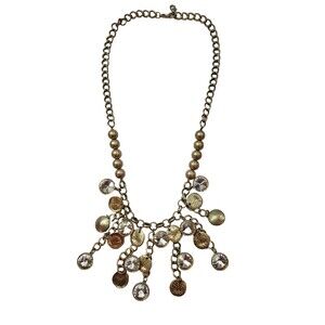 Premier Designs Gold Tone Clear Crystal Coin Charm Bib Statement Necklace